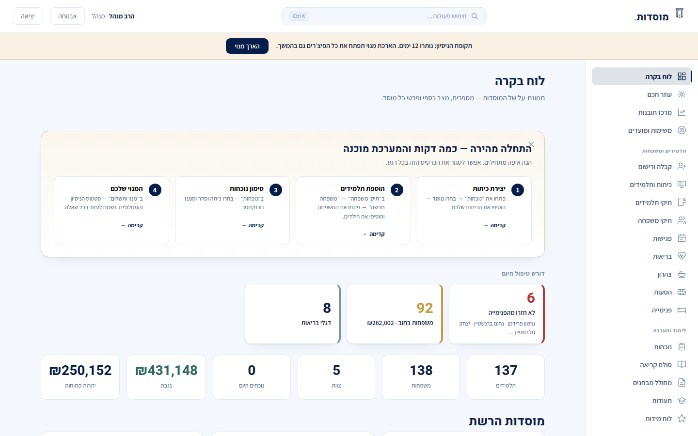 מסך מערכת מוסדות